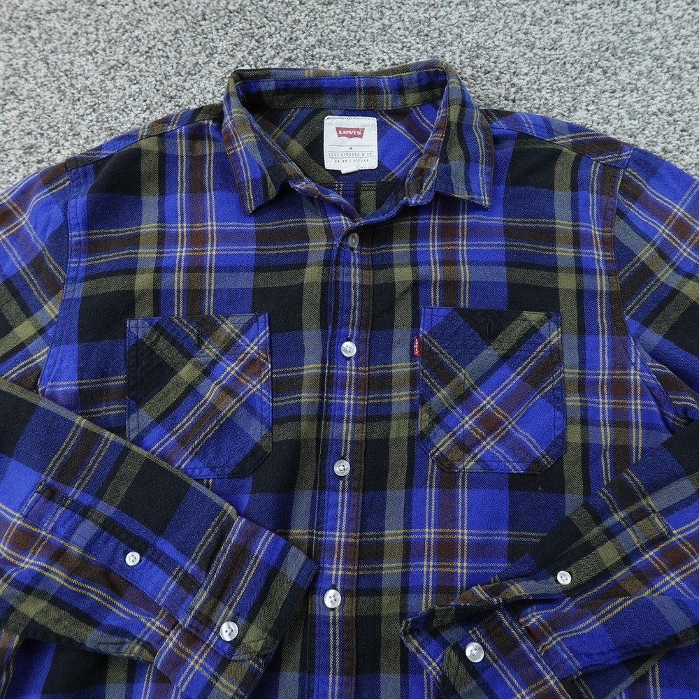 Levis Shirt Mens M Blue Black Plaid Flannel Long Sleeve Button Up Casual Outdoor